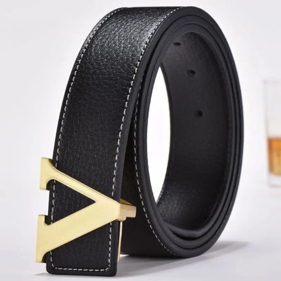 Marimax Couture Other - Luxury Unisex Designer Leather Belt with Smooth Alloy V Buckle In Gold Finish